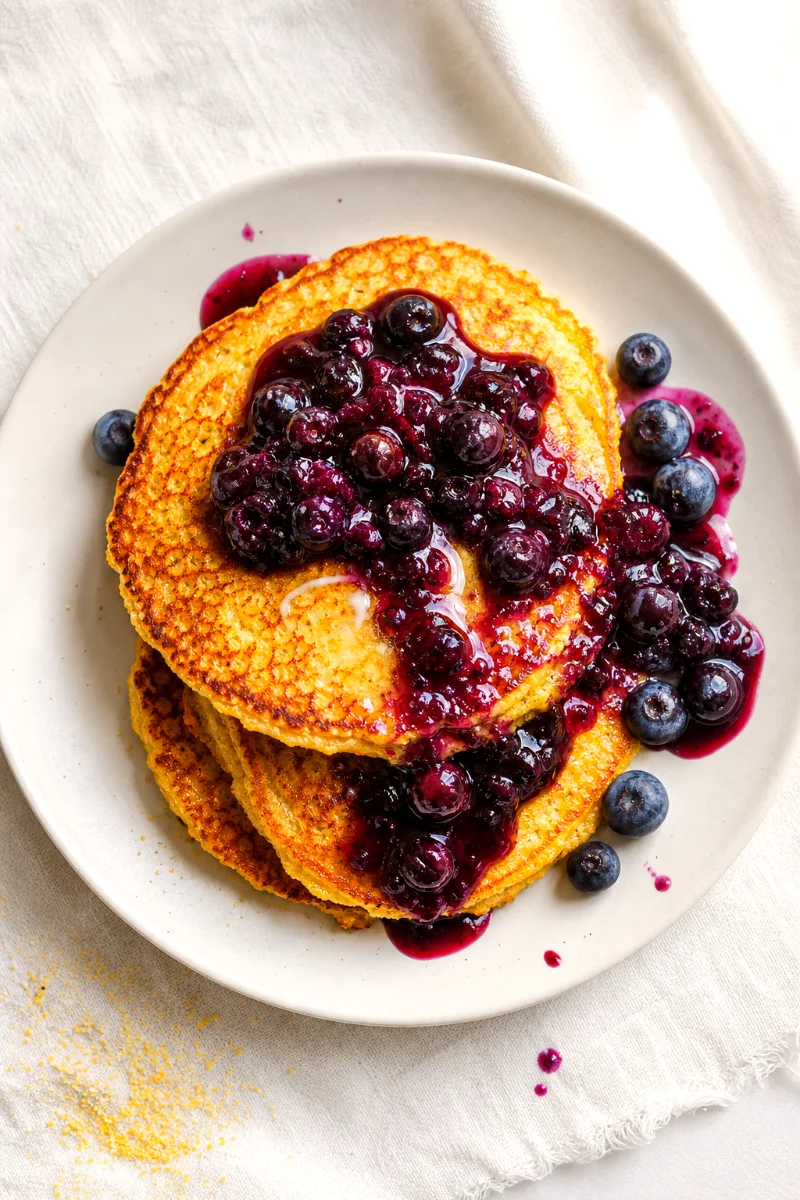 top-down-cornmeal-pancakes-blueberry-sauce