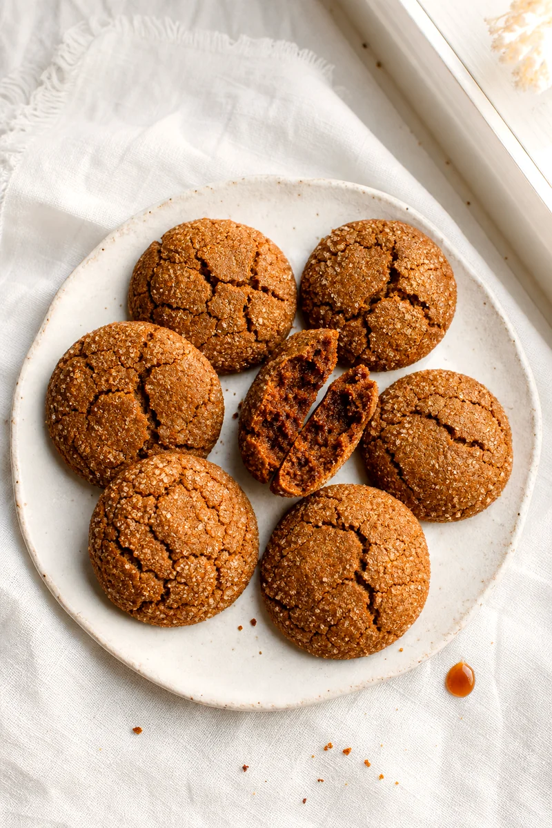 Finished ginger molasses cookies with crackled sugar tops and one split cookie showing a chewy center