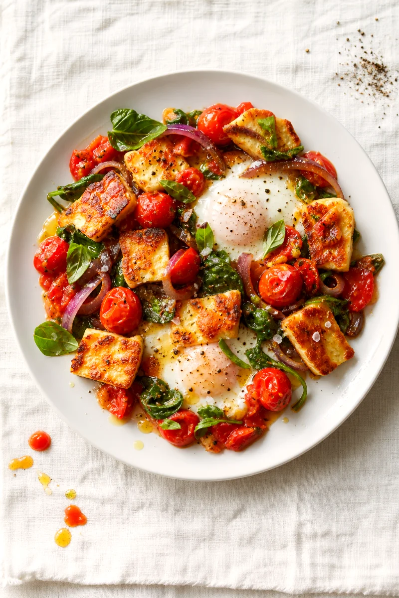 top-down-halloumi-tomato-egg-breakfast-skillet
