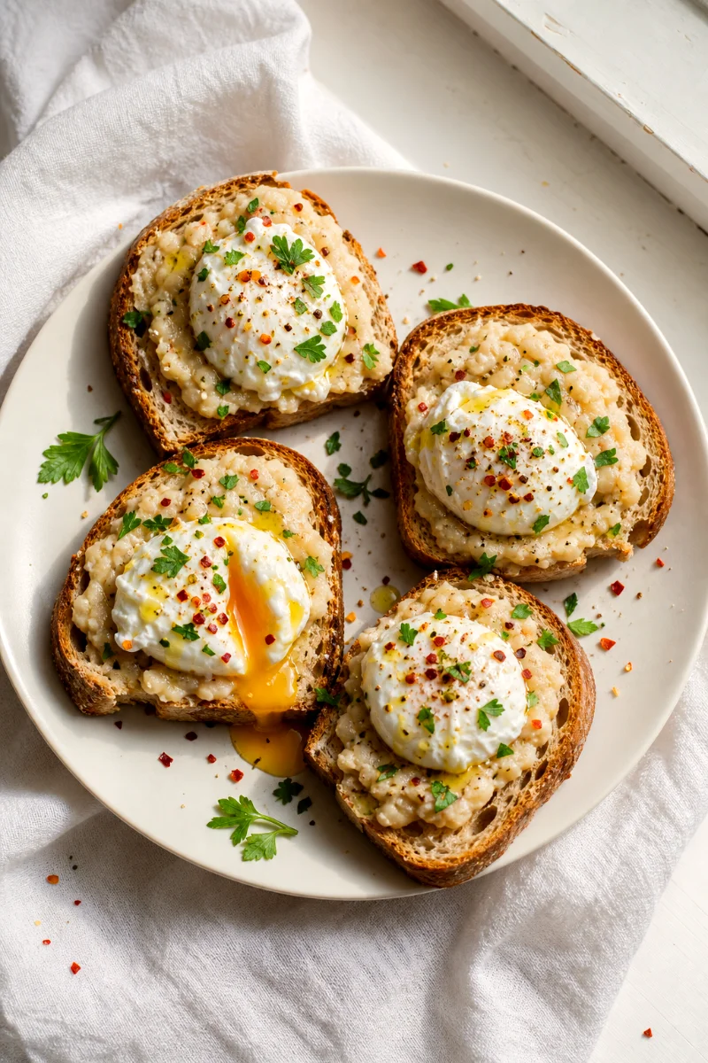 top-down-white-bean-smash-toast-eggs