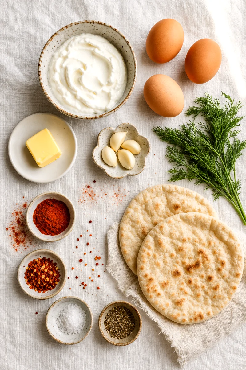 turkish-eggs-ingredients-greek-yogurt-dill-pita