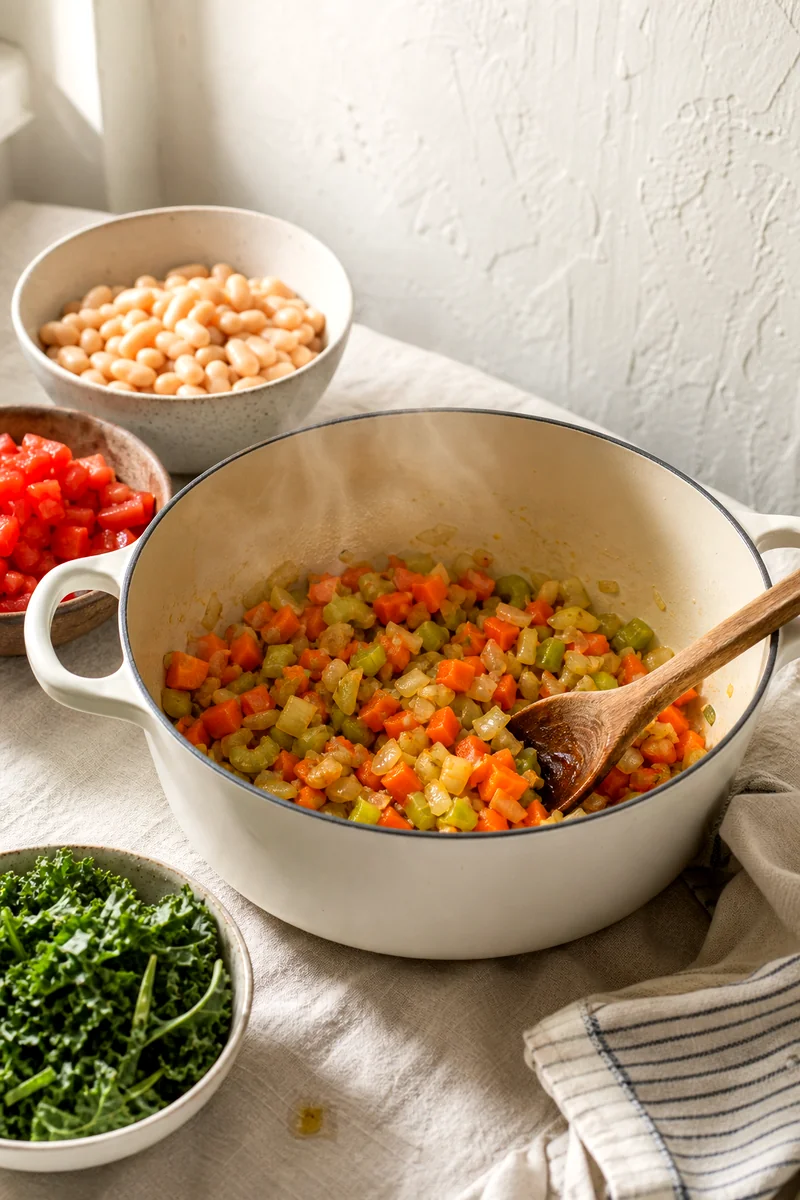 Onion, carrots, celery, and garlic cooking in a white pot with beans, tomatoes, and kale nearby
