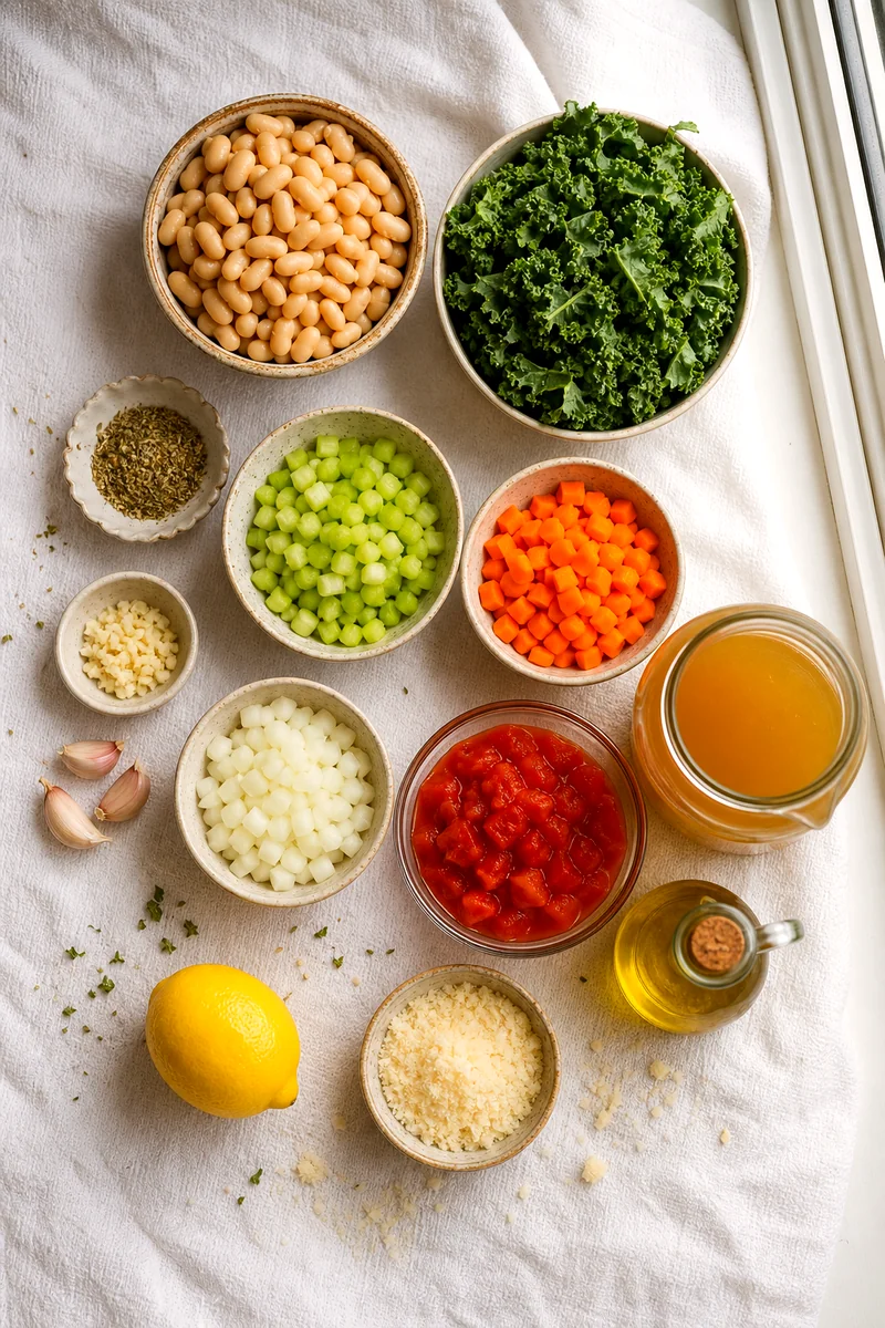 Cannellini beans, kale, carrots, celery, onion, garlic, tomatoes, broth, lemon, and Parmesan arranged on white linen