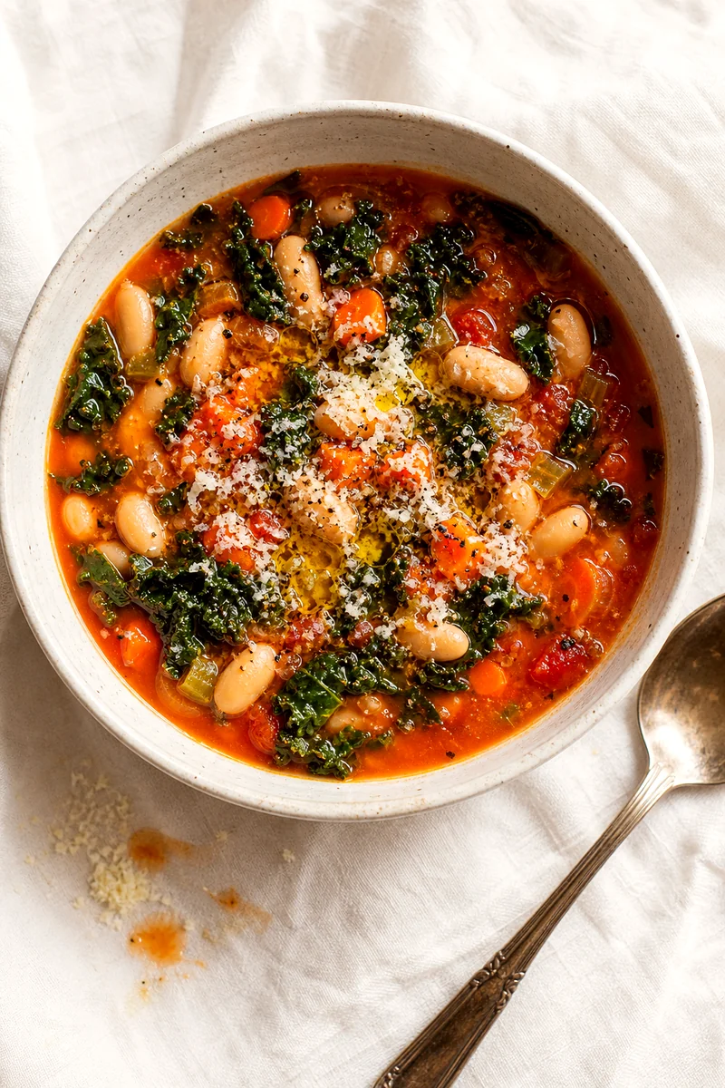 Top view of white bean and kale soup with carrots, Parmesan, black pepper, and olive oil in a white bowl