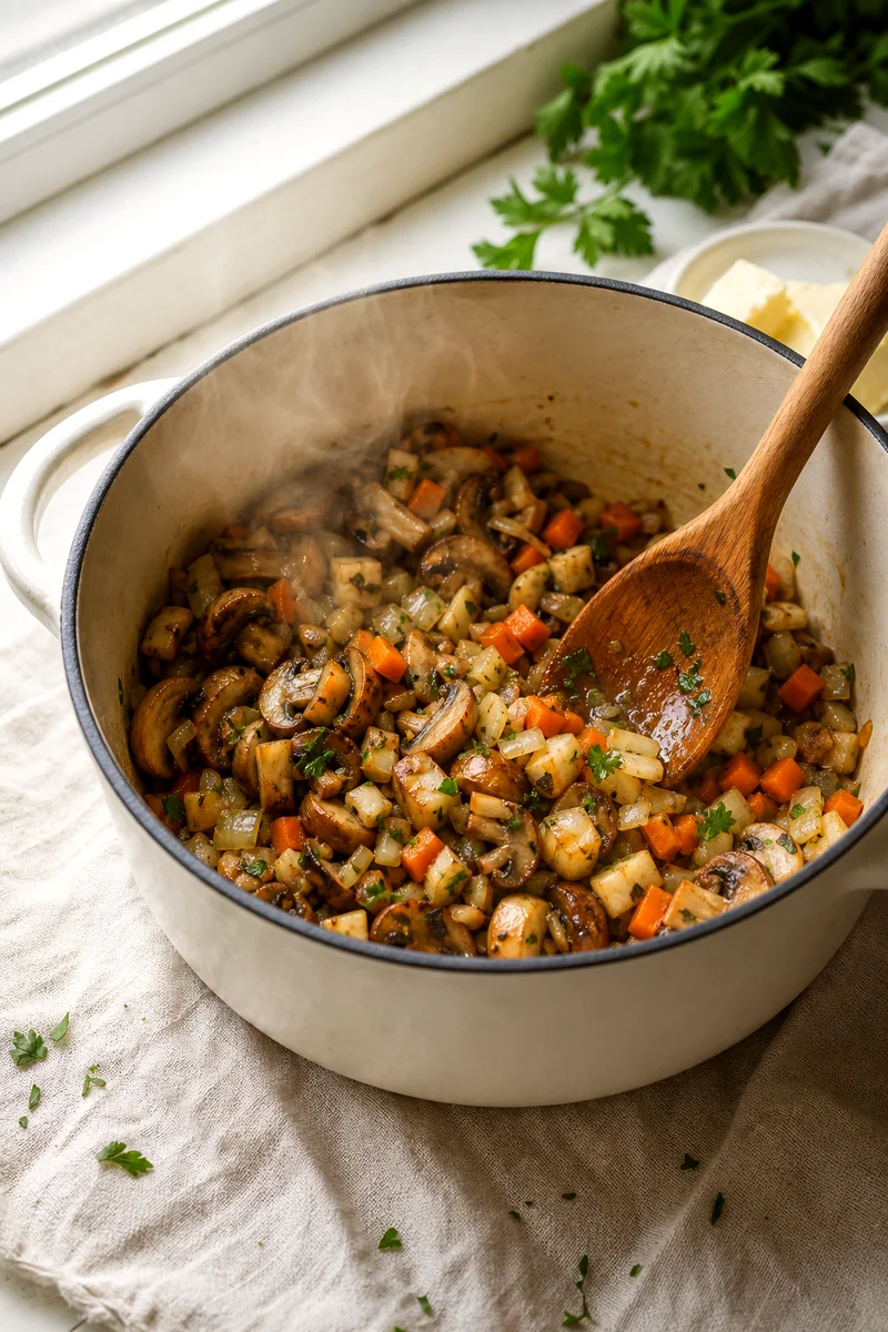 Mushrooms, onion, garlic, carrots, and parsley root sautéing in butter in a light pot