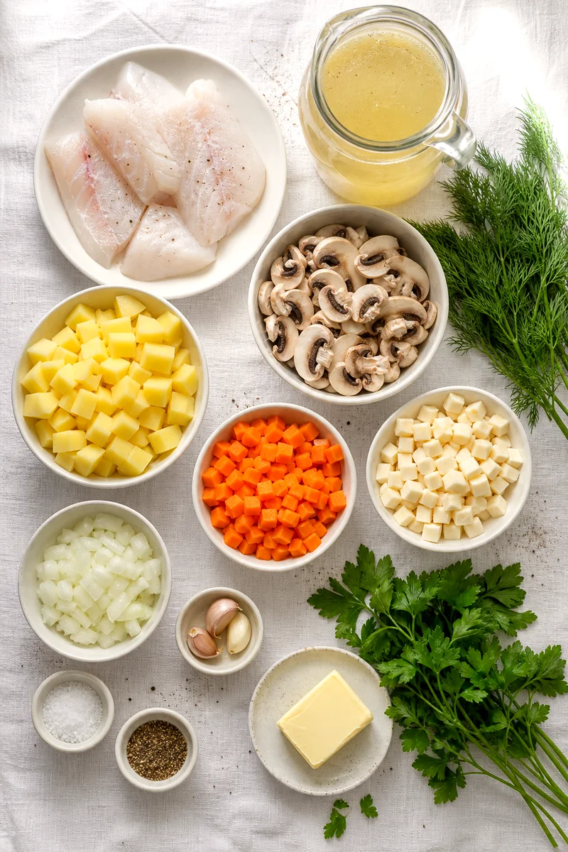 White fish, mushrooms, potatoes, root vegetables, herbs, broth, butter, salt, and pepper laid out on linen