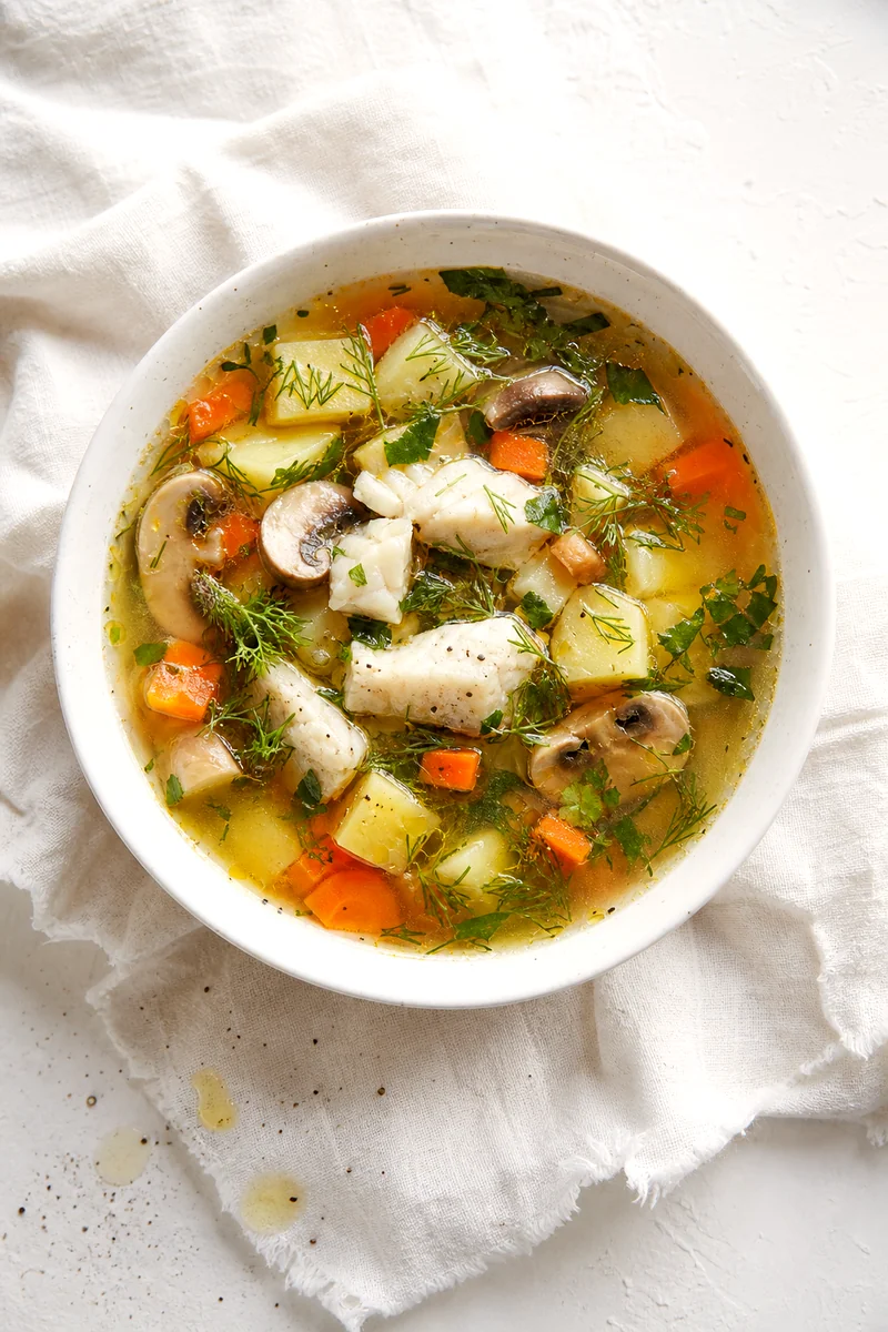 Bowl of Ukrainian fish soup with mushrooms, potatoes, carrots, dill, and parsley viewed from above