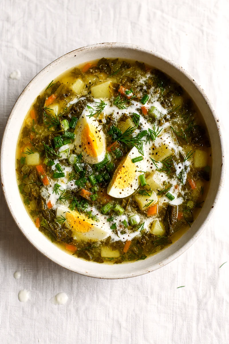 Top down bowl of sorrel soup with potatoes, carrots, egg quarters, sour cream, dill, and green onions