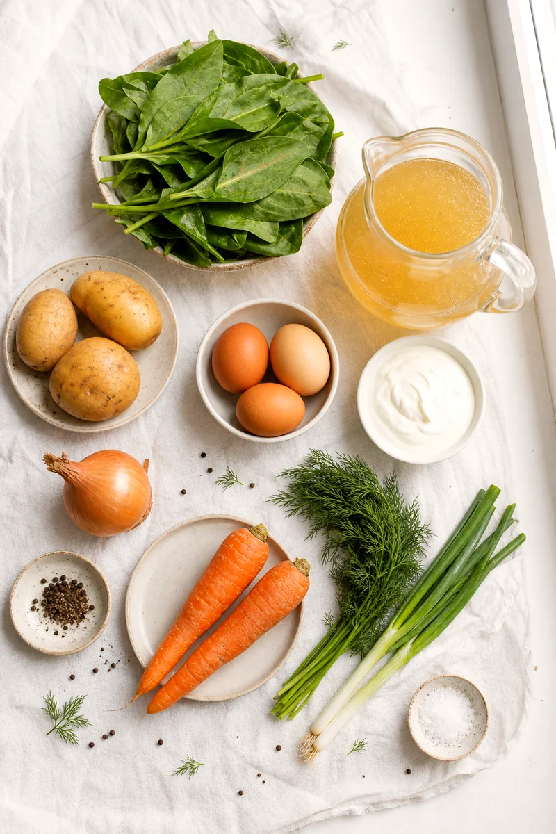 Fresh sorrel, potatoes, carrots, onion, eggs, broth, sour cream, dill, and green onions on white linen