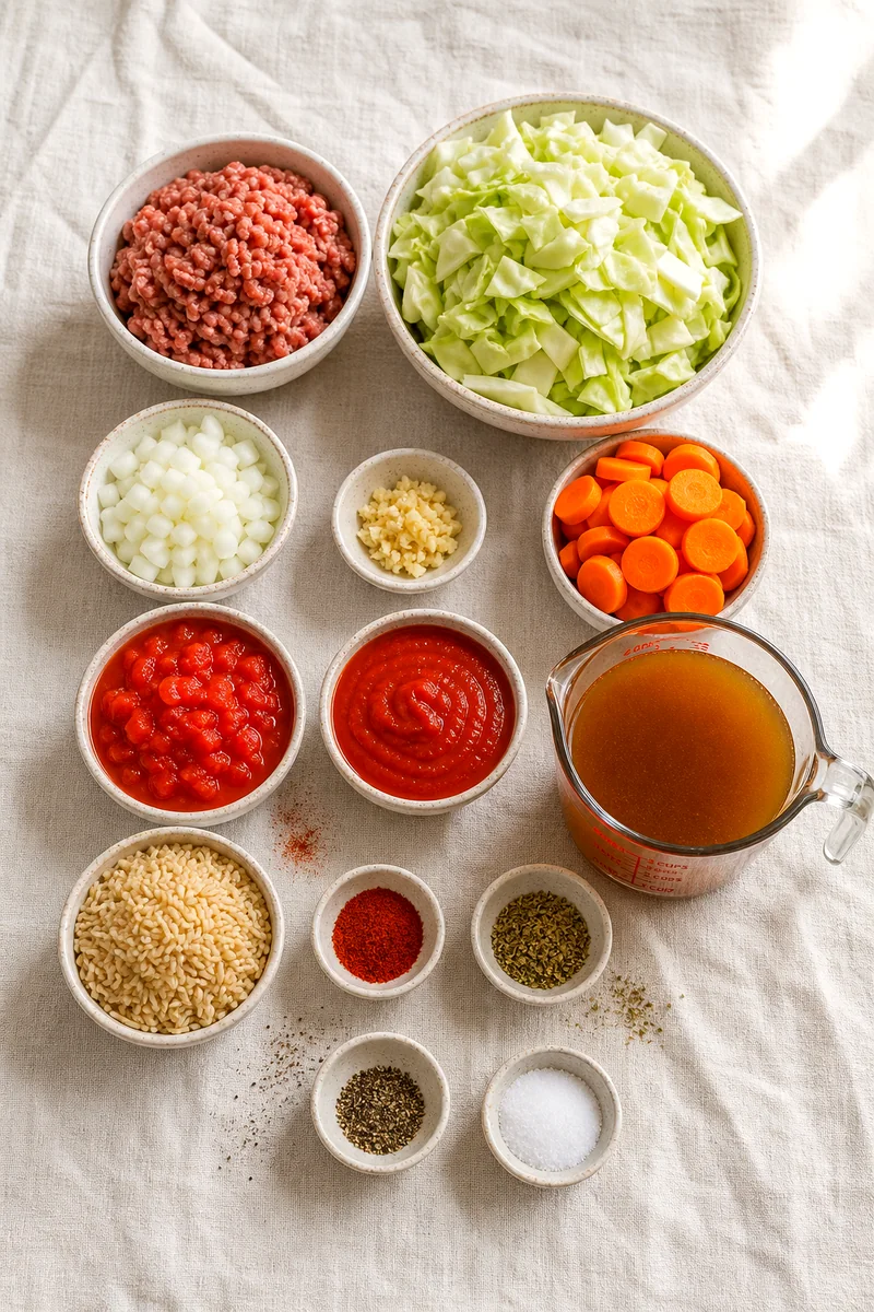 Ground meat, cabbage, carrots, tomatoes, broth, brown rice, and spices arranged on white linen