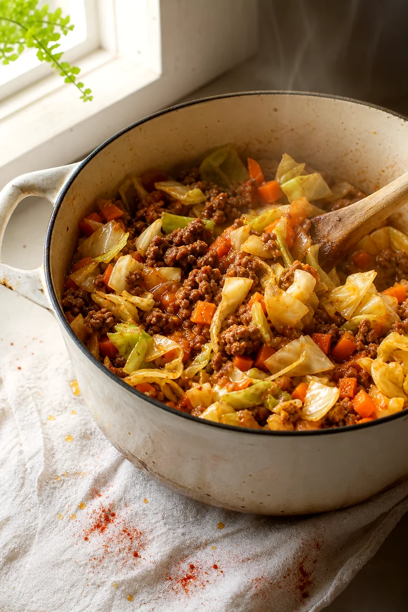 Ground meat, onion, carrots, and cabbage cooking together in a white pot