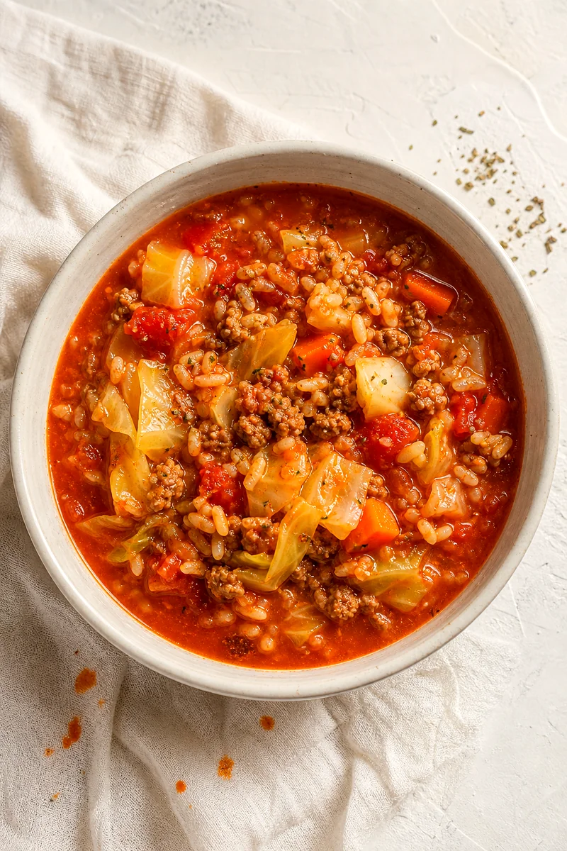 Top down view of cabbage roll soup with tomato broth, rice, carrots, cabbage, and ground meat