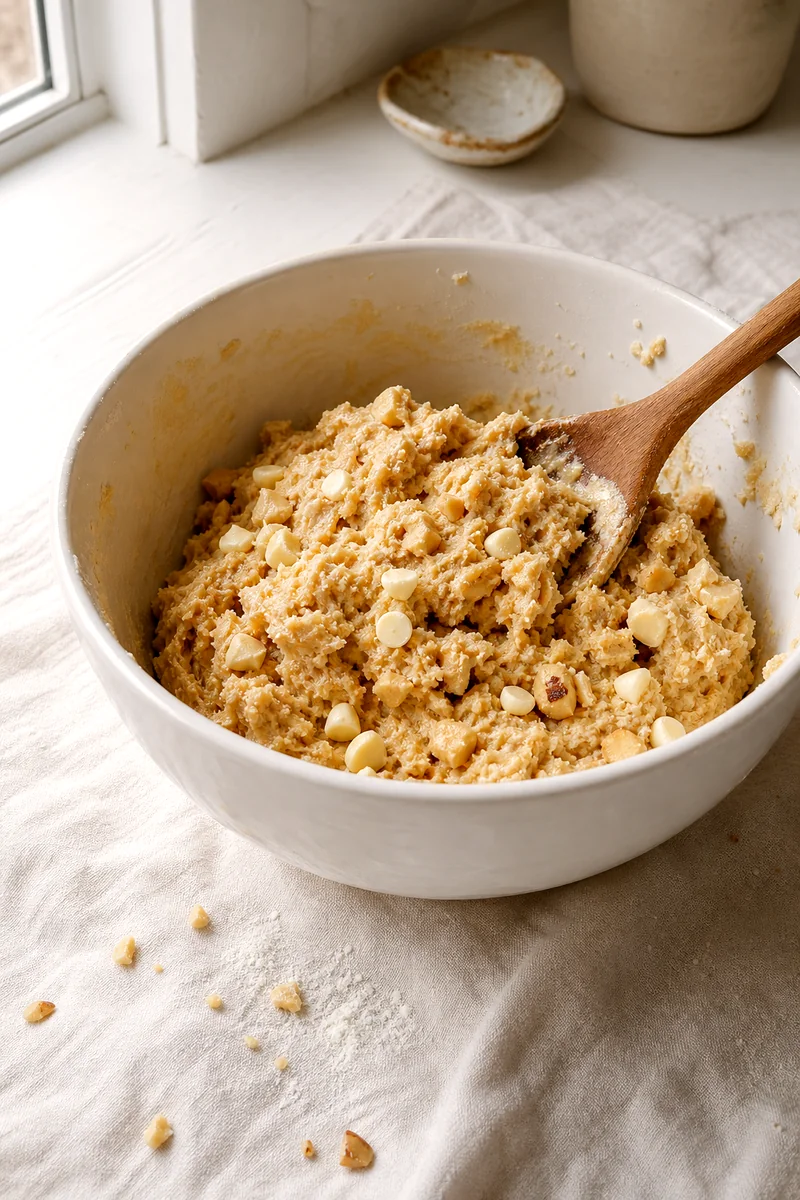 Thick cookie dough with white chocolate chips and macadamia nuts being folded in a white ceramic bowl