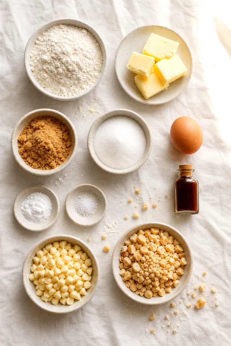 Flour, sugars, butter, egg, vanilla, white chocolate chips, and macadamia nuts arranged on white linen