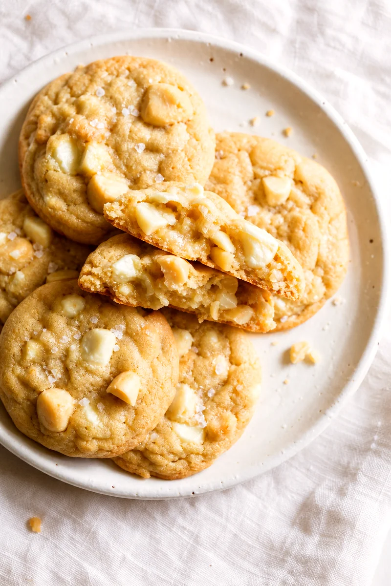 Top down view of white chocolate macadamia nut cookies with one broken open to show the chewy center