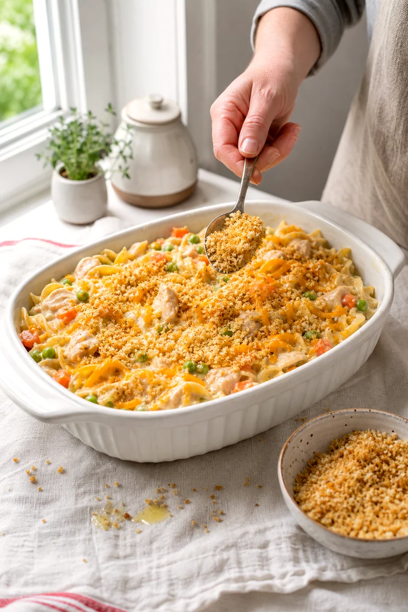 Buttered breadcrumbs being sprinkled over creamy chicken noodle casserole before baking