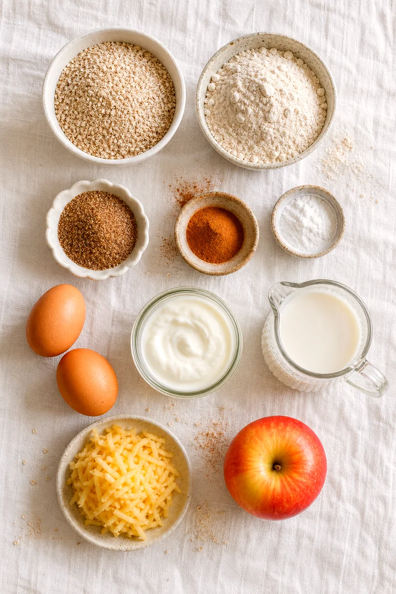 Oat bran, flour, flaxseed, cinnamon, eggs, yogurt, milk, and apple on white linen