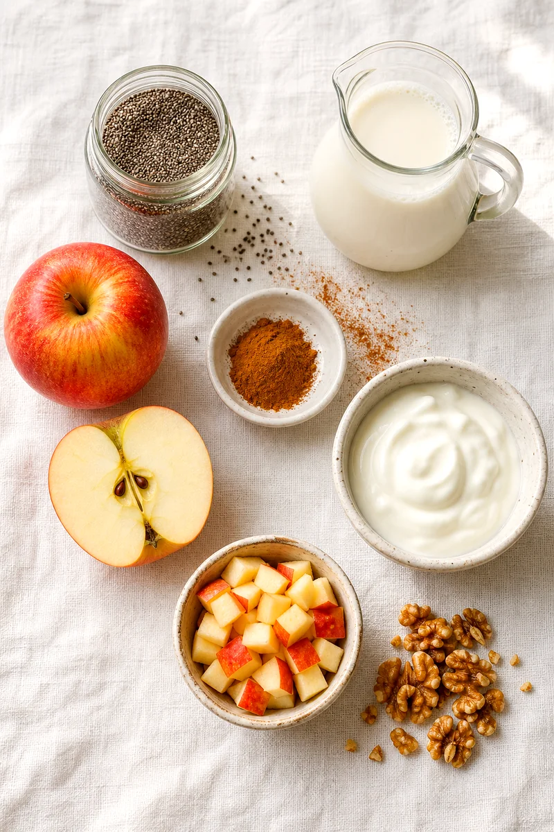 Chia seeds, milk, cinnamon, apples, Greek yogurt, and walnuts arranged on white linen