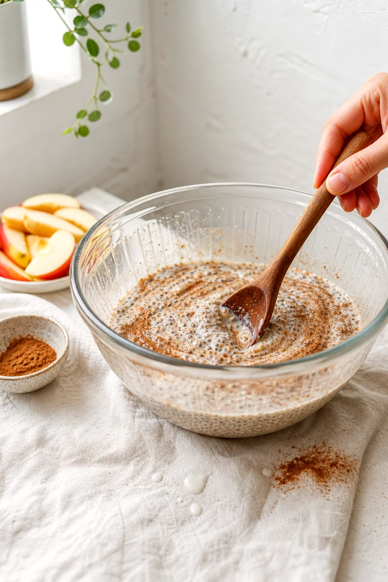Chia seeds, milk, and cinnamon being stirred in a clear glass bowl on white linen