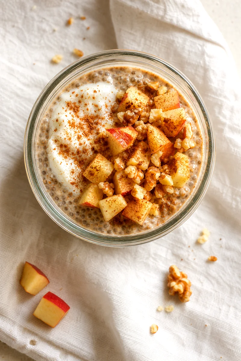 Top-down view of apple cinnamon chia pudding with yogurt, diced apple, walnuts, and cinnamon in a glass