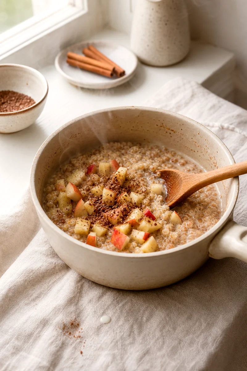 Wooden spoon stirring diced apples and flaxseed into creamy cinnamon quinoa in a saucepan