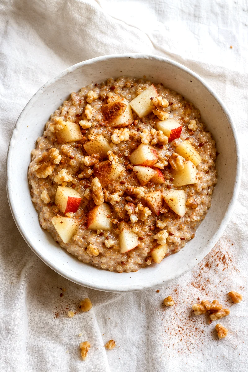 Top-down view of cinnamon quinoa with diced apple and walnuts in a white ceramic bowl