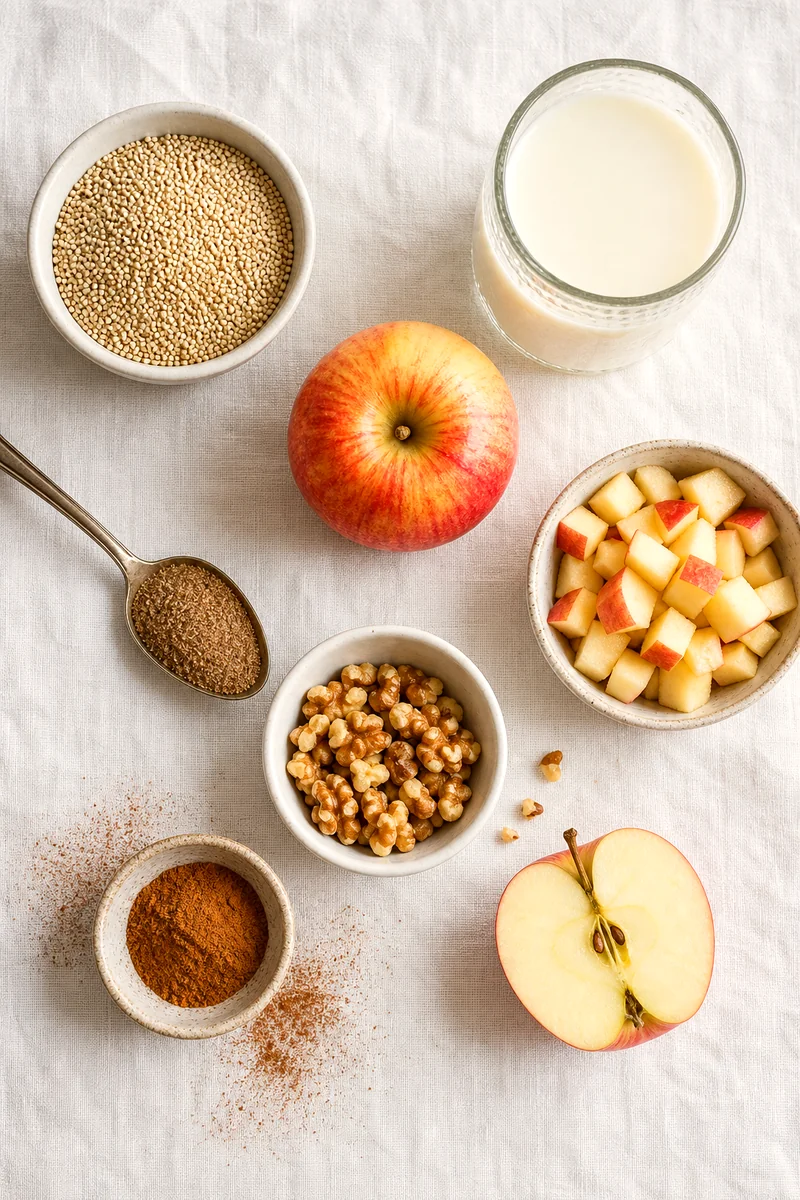 Quinoa, apples, flaxseed, walnuts, cinnamon, and milk arranged on white linen