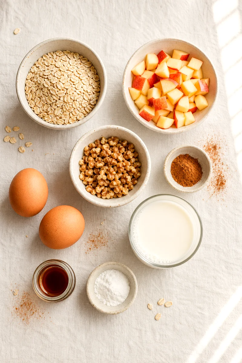 Rolled oats, apples, walnuts, cinnamon, eggs, milk, vanilla, and baking powder on white linen