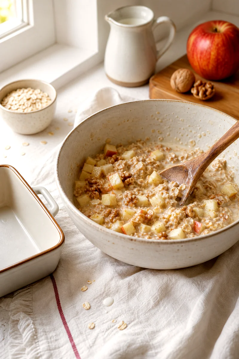 Creamy oat mixture with apples and walnuts being stirred in a white ceramic bowl