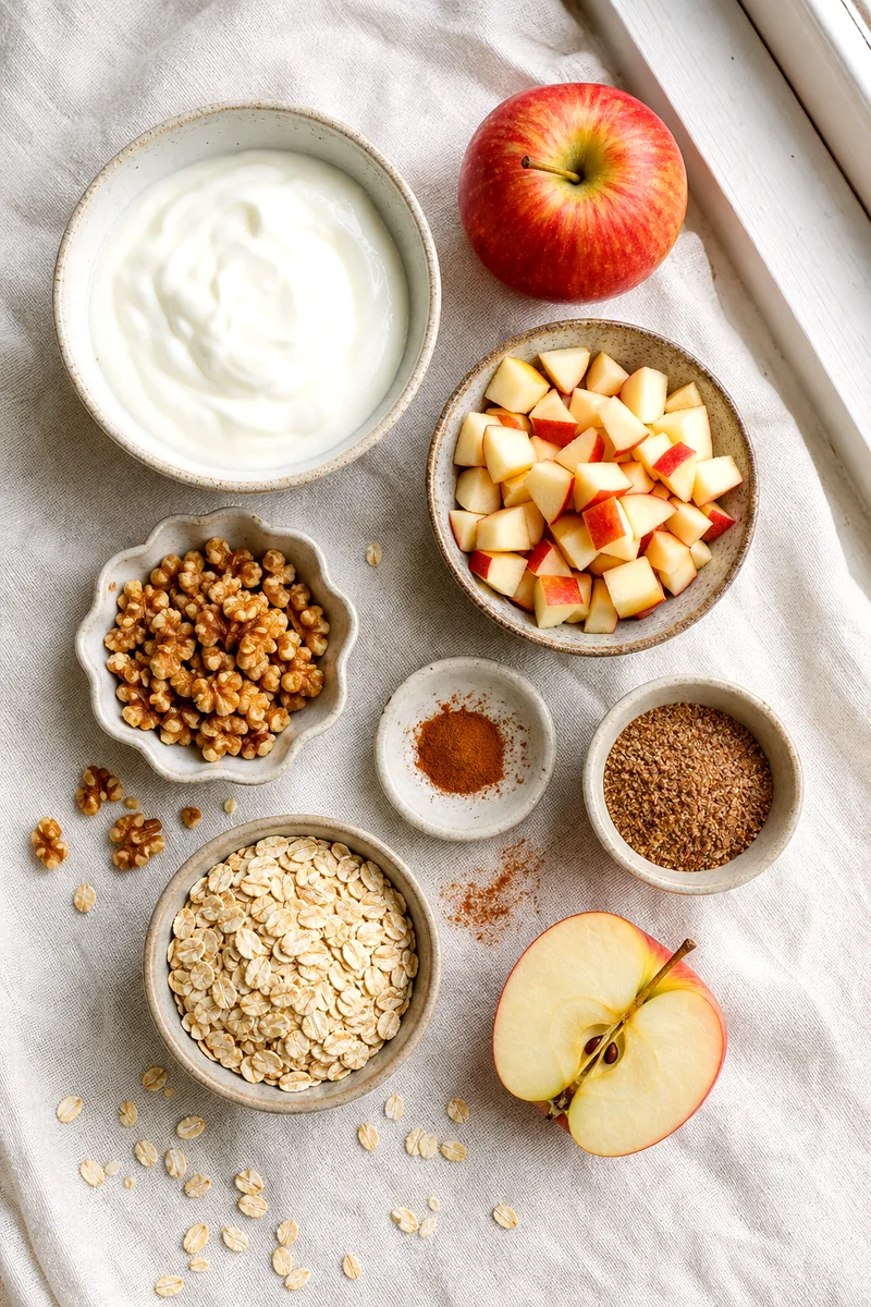 Greek yogurt, apples, walnuts, rolled oats, flaxseed, and cinnamon arranged on white linen