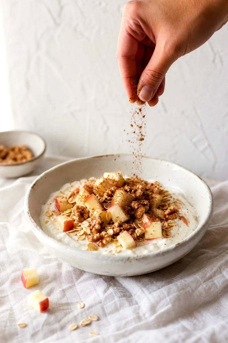 Hand sprinkling cinnamon over an apple walnut Greek yogurt bowl