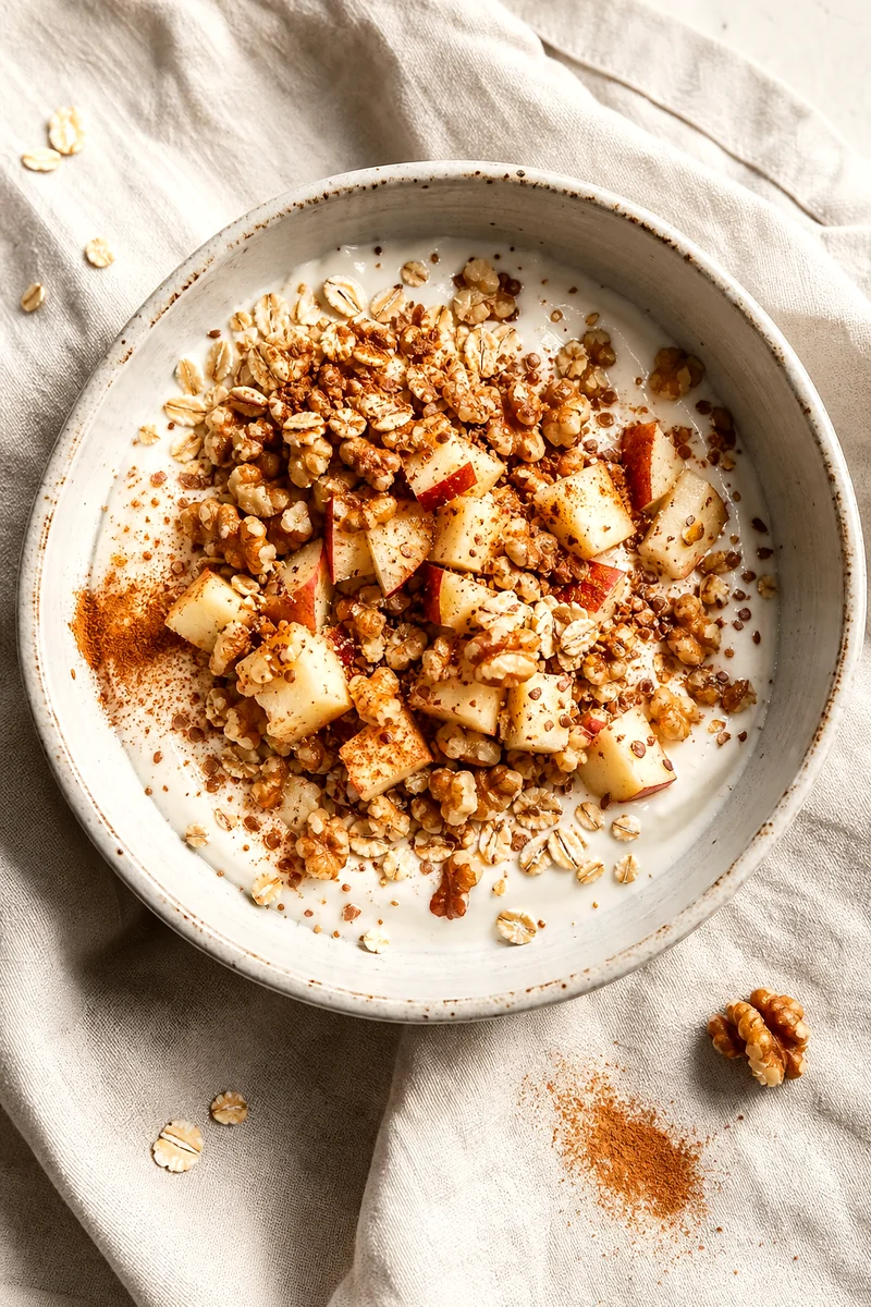 Top down view of Greek yogurt topped with apple, walnuts, oats, flaxseed, and cinnamon