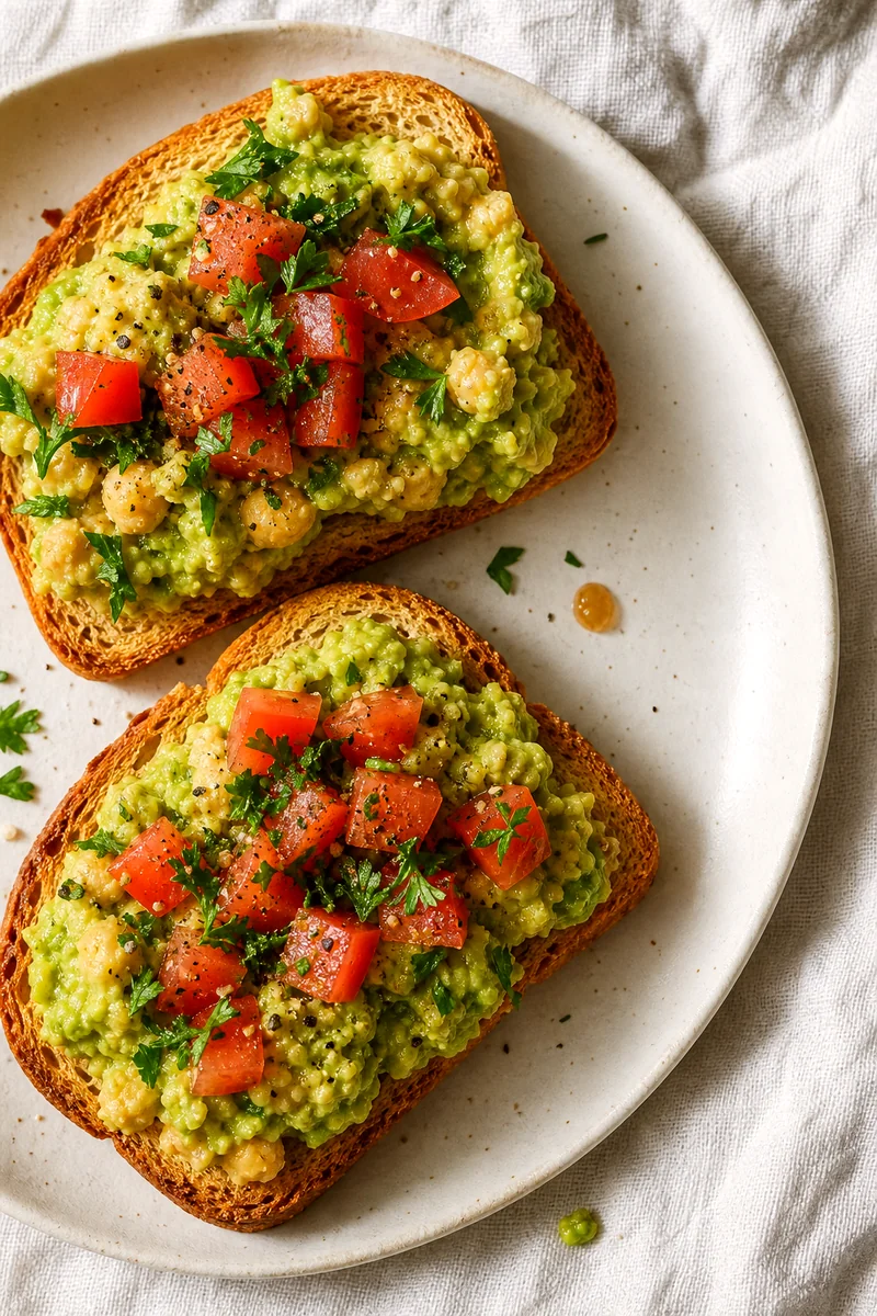 Top down view of avocado chickpea toast with tomatoes, parsley, and black pepper