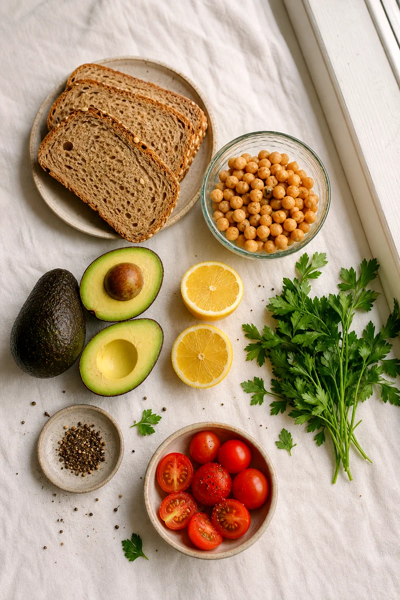 Whole grain bread, chickpeas, avocados, lemon, parsley, tomatoes, and black pepper on white linen