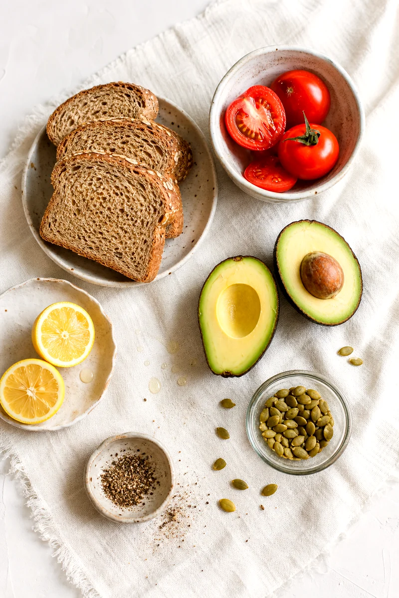 Whole grain bread, avocados, tomatoes, lemon, black pepper, and pumpkin seeds arranged on white linen