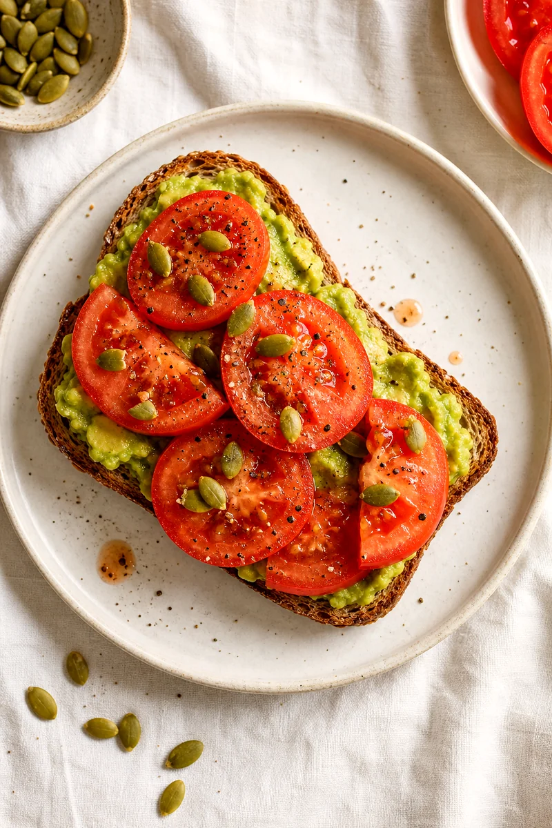 Top-down view of avocado tomato toast with black pepper and pumpkin seeds on a white plate