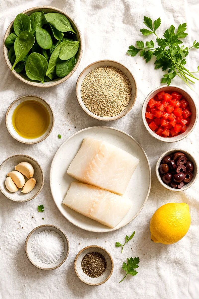 Cod fillets, quinoa, tomatoes, olives, spinach, parsley, lemon, garlic, and olive oil arranged on white linen