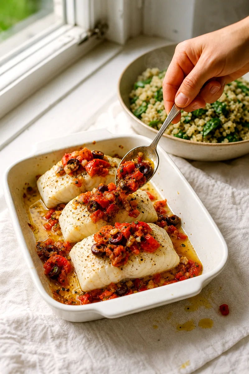 Tomato olive relish being spooned over baked cod beside a bowl of herbed quinoa