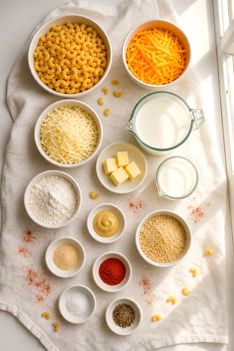 Macaroni, cheeses, dairy, seasonings, and breadcrumbs arranged on white linen