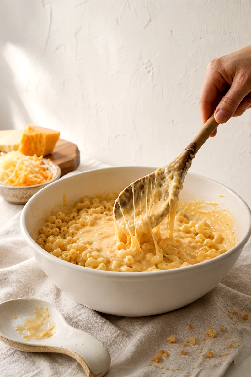 Elbow macaroni being stirred into creamy cheese sauce in a white bowl