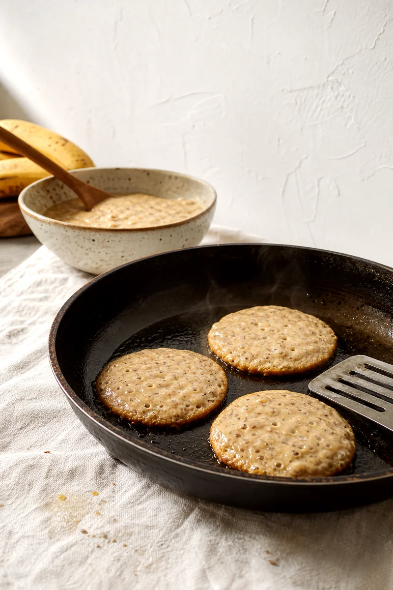 Small banana flaxseed pancakes bubbling in a skillet with golden edges