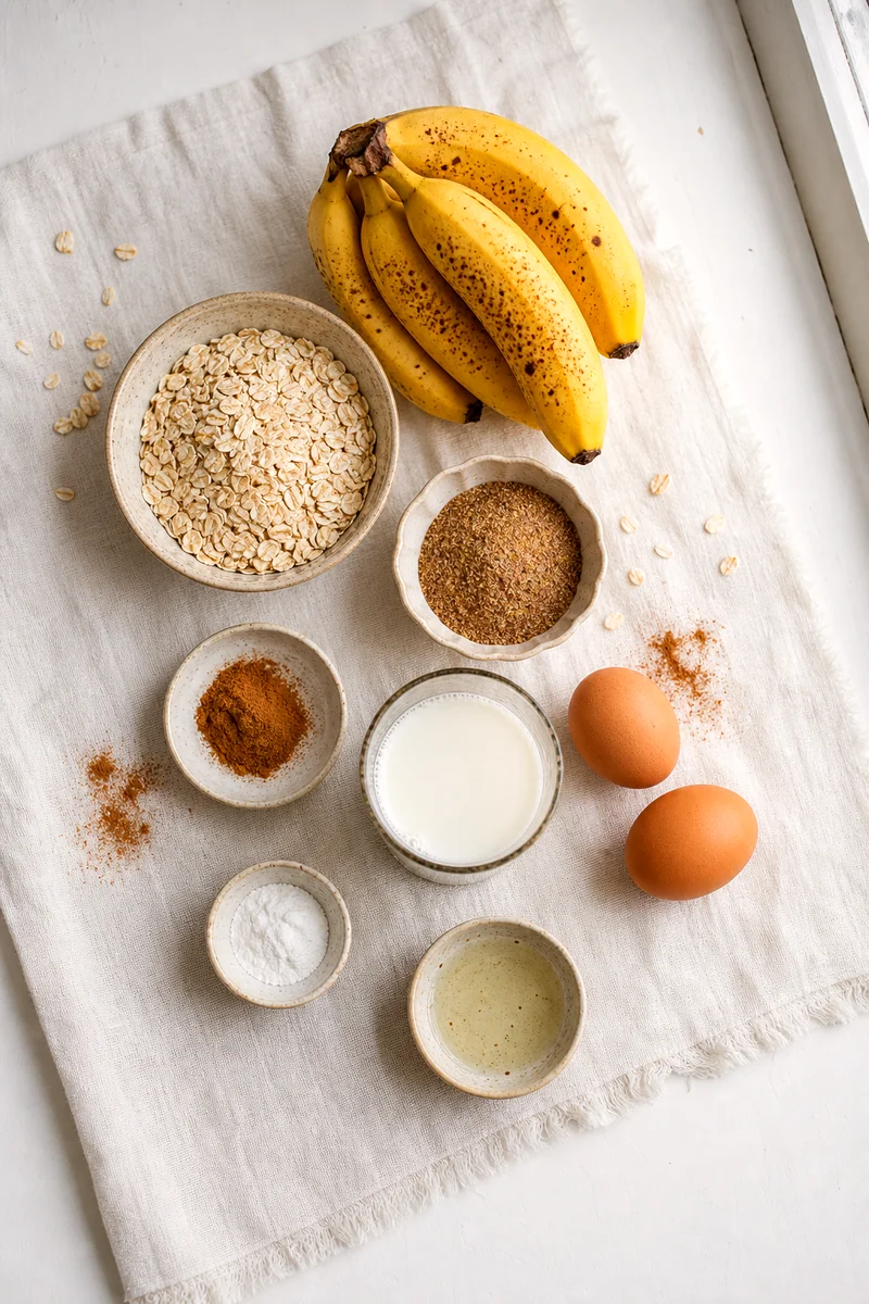 Bananas, rolled oats, ground flaxseed, eggs, milk, cinnamon, baking powder, and oil arranged on white linen