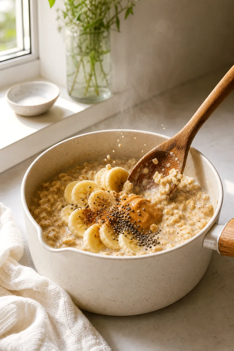 Wooden spoon stirring creamy oatmeal with banana slices, cinnamon, and chia seeds in a saucepan