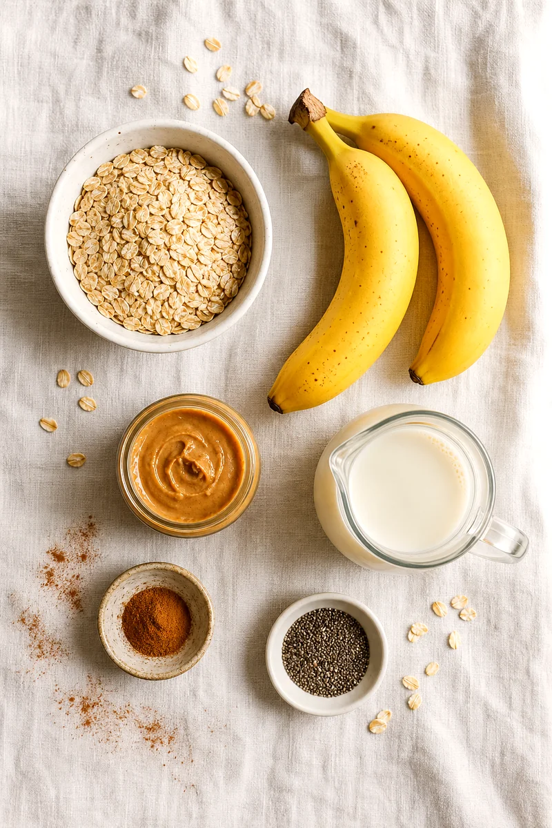 Rolled oats, bananas, peanut butter, milk, cinnamon, and chia seeds arranged on white linen