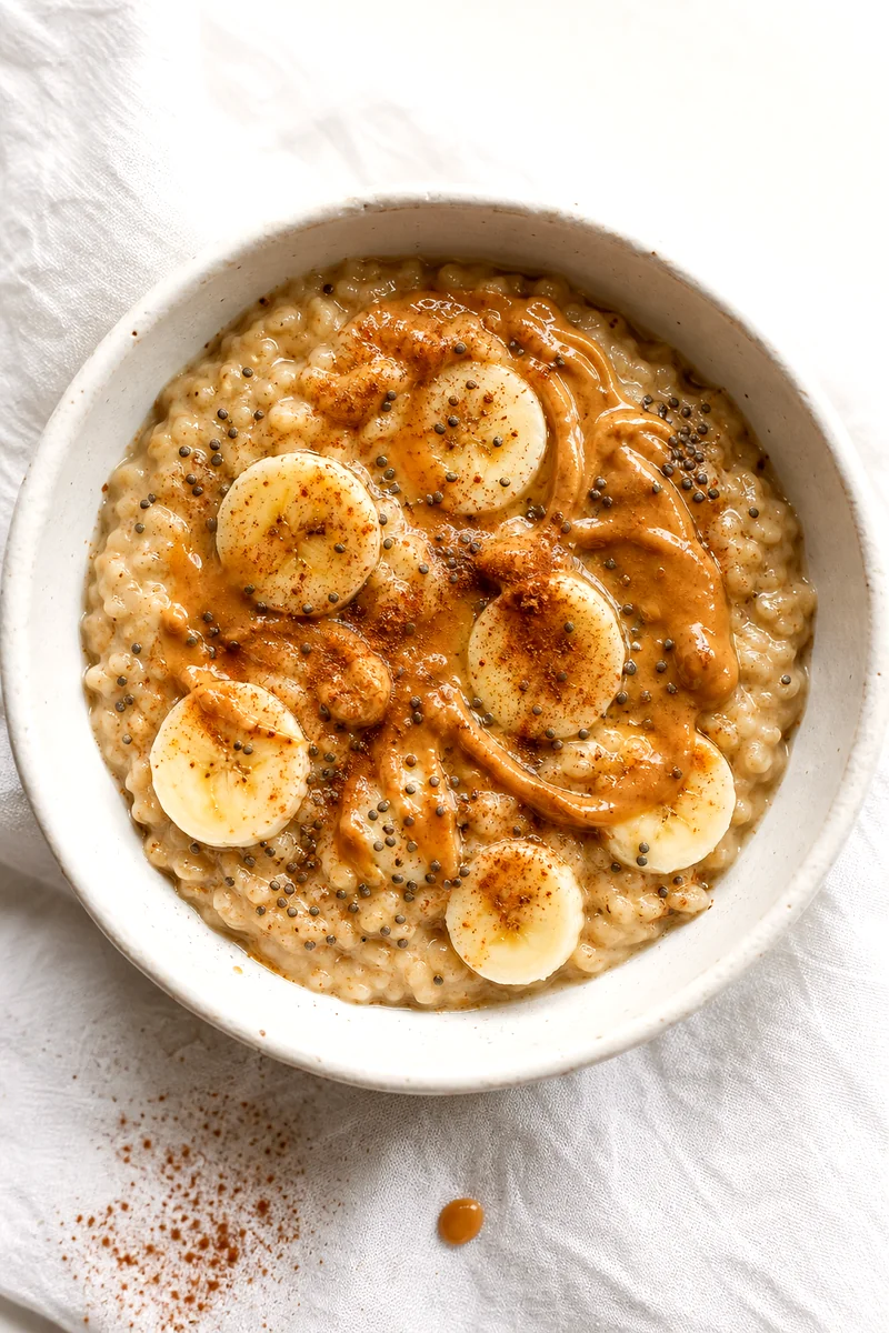 Top down bowl of banana peanut butter oatmeal with cinnamon and chia seeds on white linen