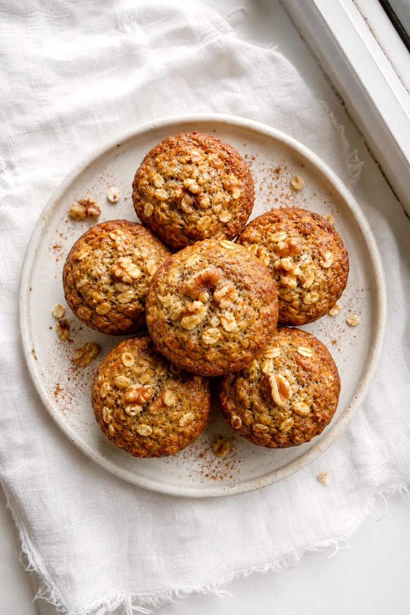 Golden banana walnut oat muffins with visible oats and walnut pieces on a white ceramic plate