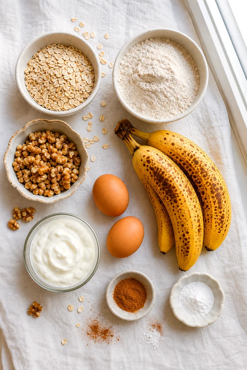 Rolled oats, whole wheat flour, ripe bananas, walnuts, eggs, yogurt, cinnamon, and baking powder on white linen