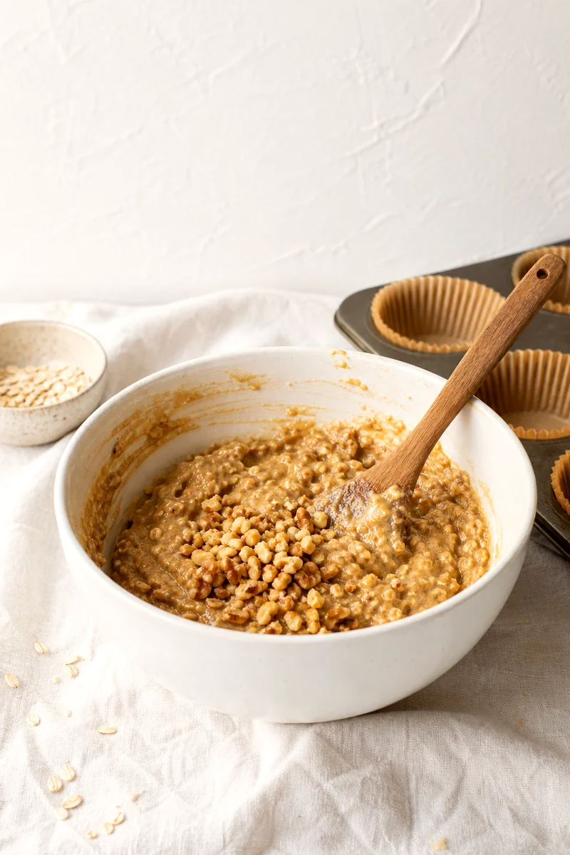 Wooden spatula folding chopped walnuts into thick banana oat muffin batter in a white bowl