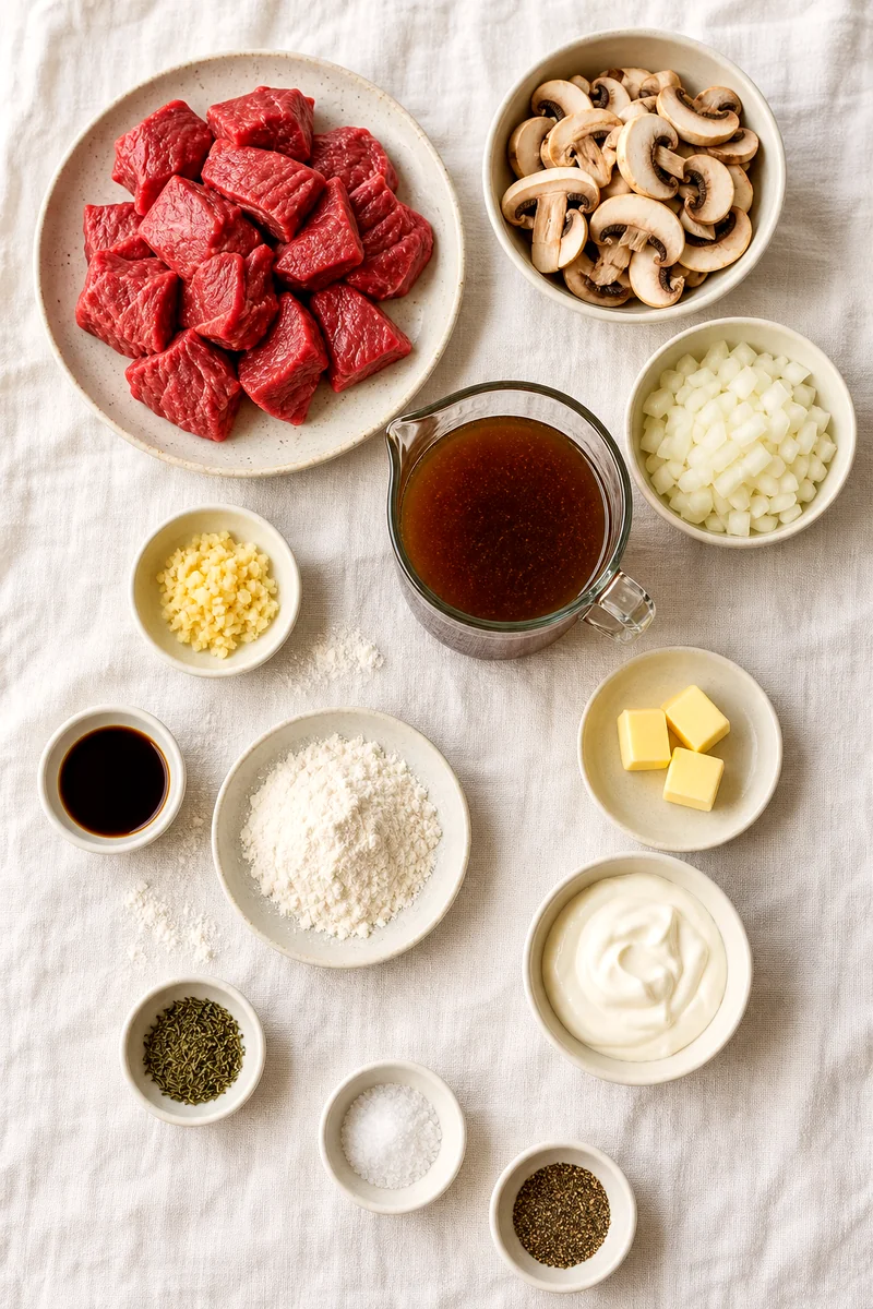 Beef sirloin tips, mushrooms, onion, garlic, broth, sour cream, butter, flour, and seasonings arranged on white linen