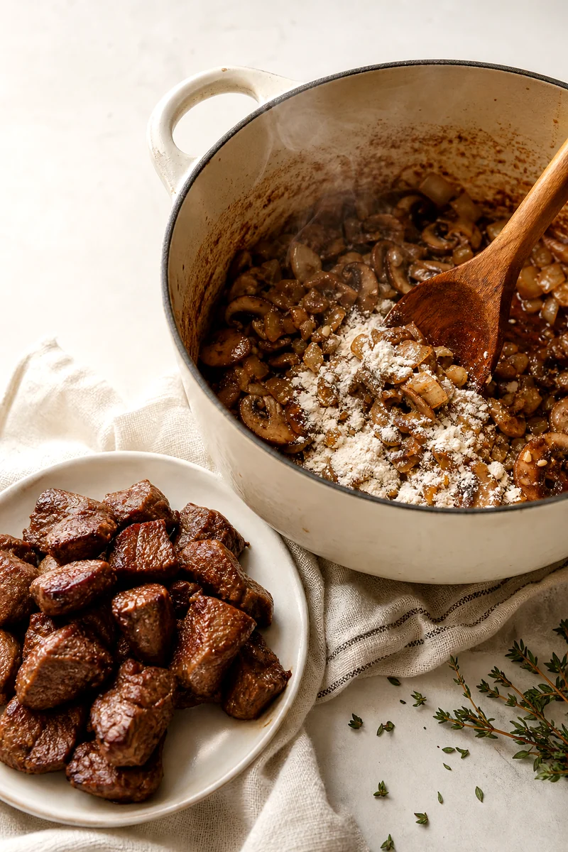 Mushrooms and onions cooking in a pot with browned beef tips resting nearby